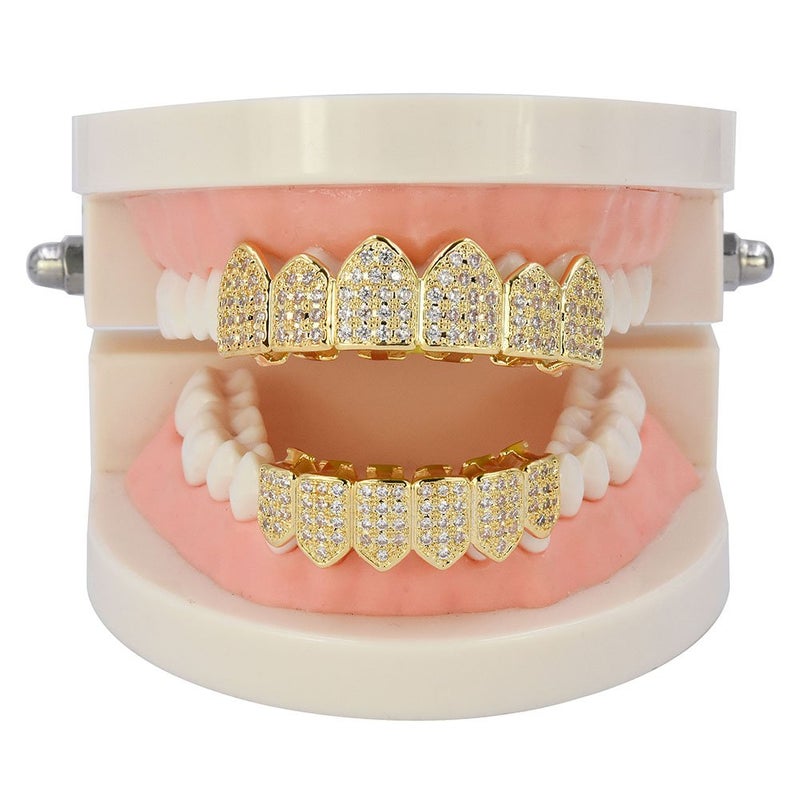 JINAO Grillz Diamond Grills for Your Teeth for Men Women 18K Gold Plated Iced Out Macro Pave Cubic Zirconia Mouth Grill with Extra Molding Bars Included(Gold Set) - Image 3